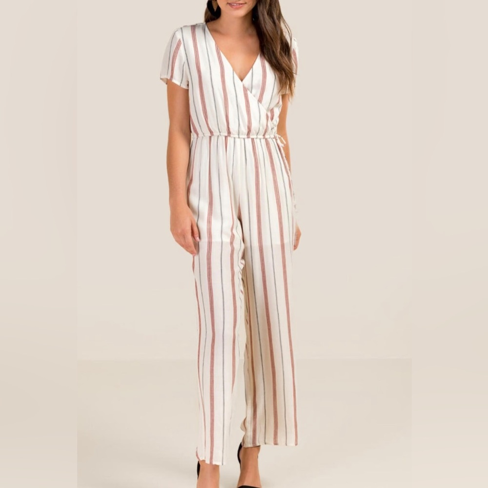 Francesca’s Blue Rein Brayleigh Striped Jumpsuit L